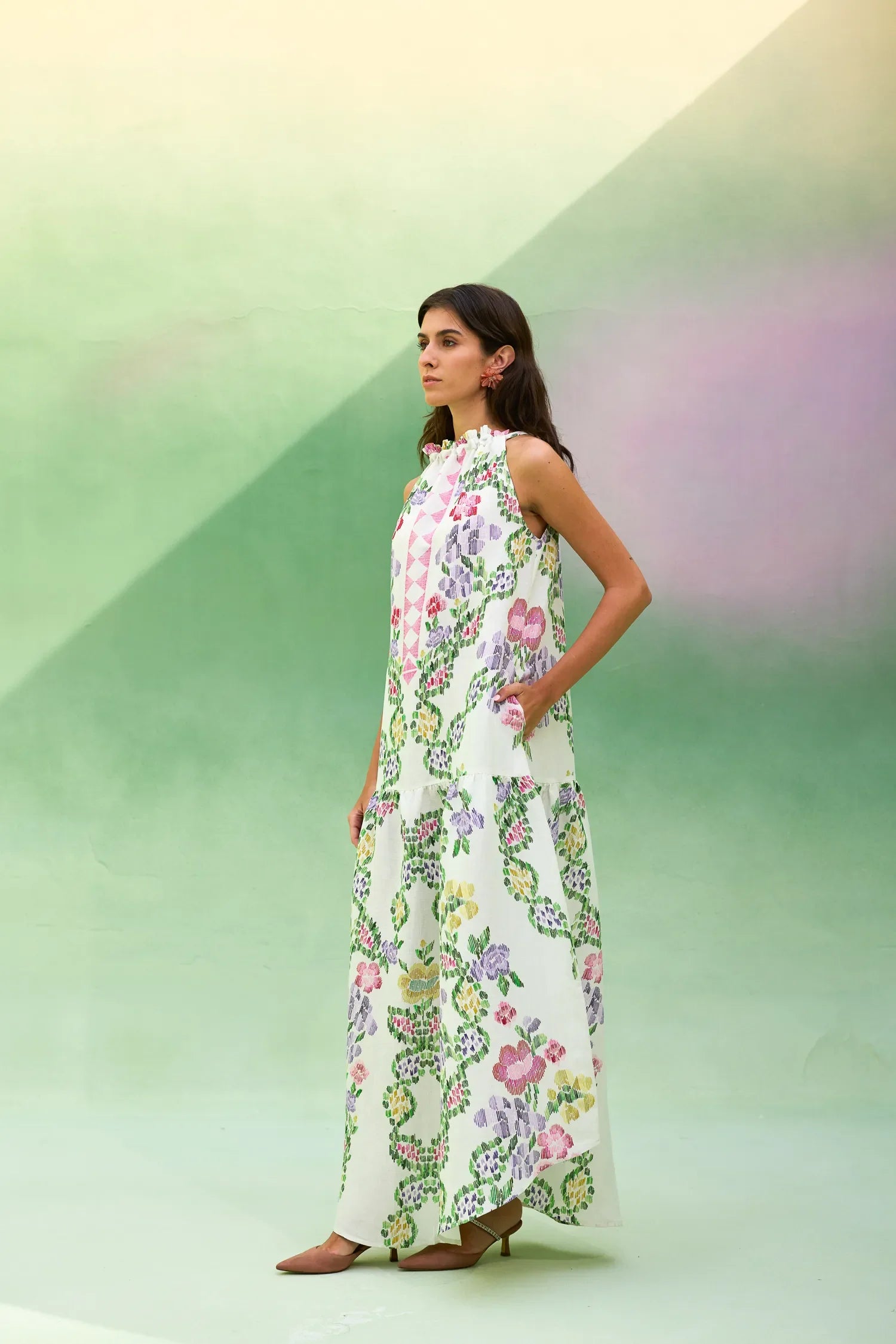 ivory floral maxi dress Ikat Sleeveless skimming slip silhouette provides Kate Long Sleeve Satin Color:Red velvet BRAND_Missoni