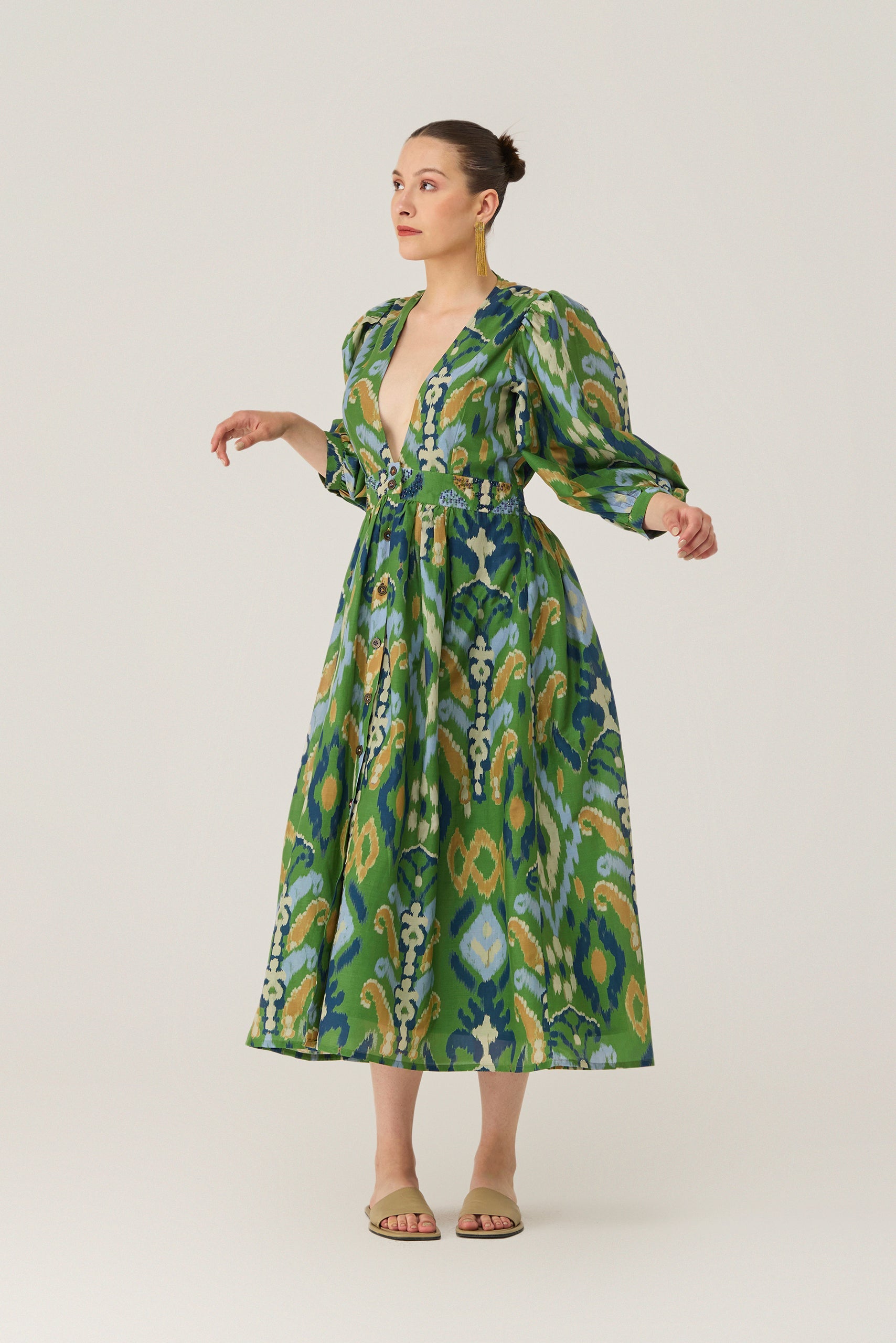 Empire Ikat Embroidered Dress