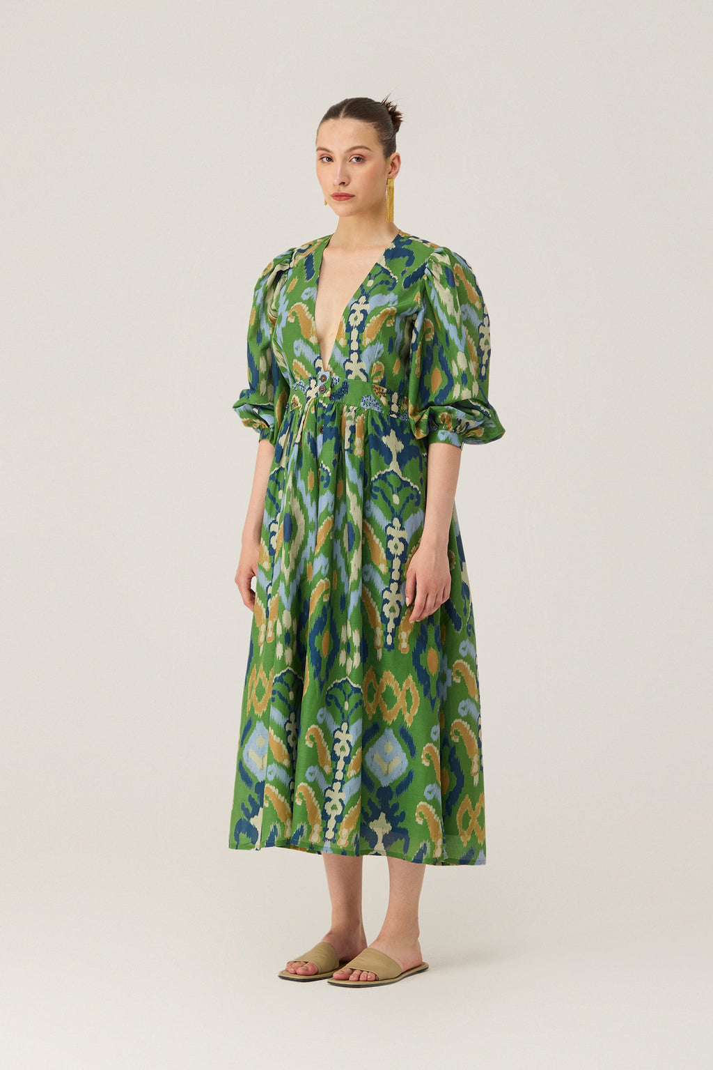 Empire Ikat Embroidered Dress