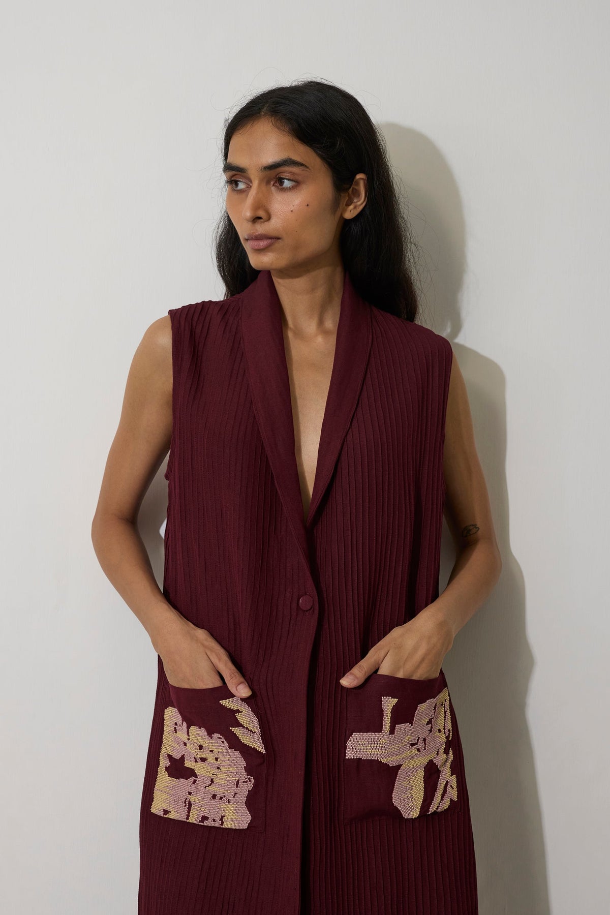 Pintuck Linen Sleeveless Duster