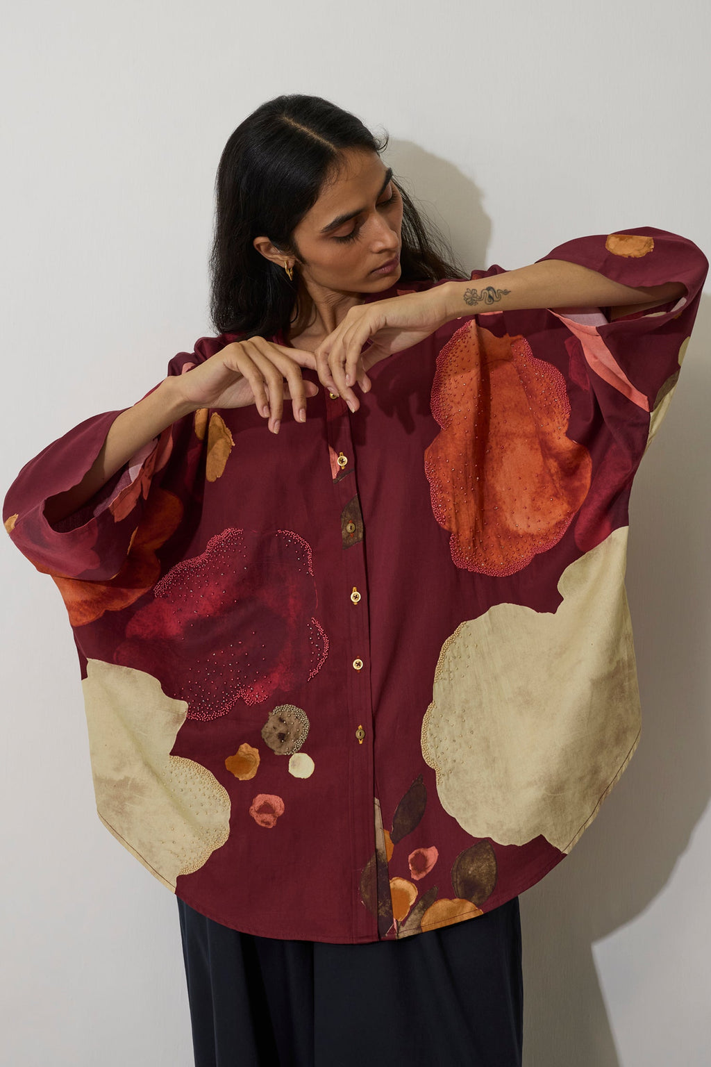 Poppies Oversized Embroidered Shirt - Mulberry