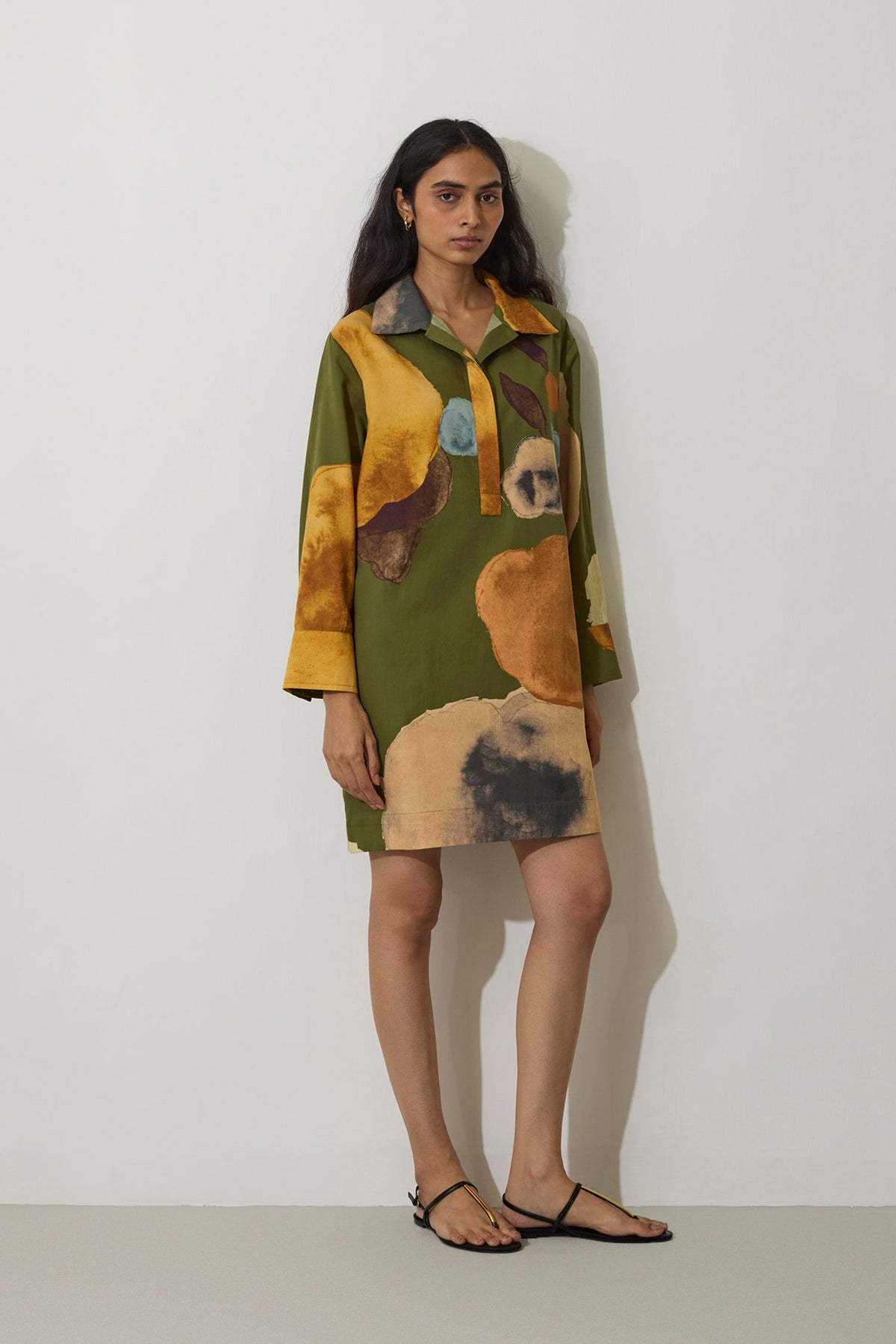 Poppies Relaxed Shirt Dress - Olive