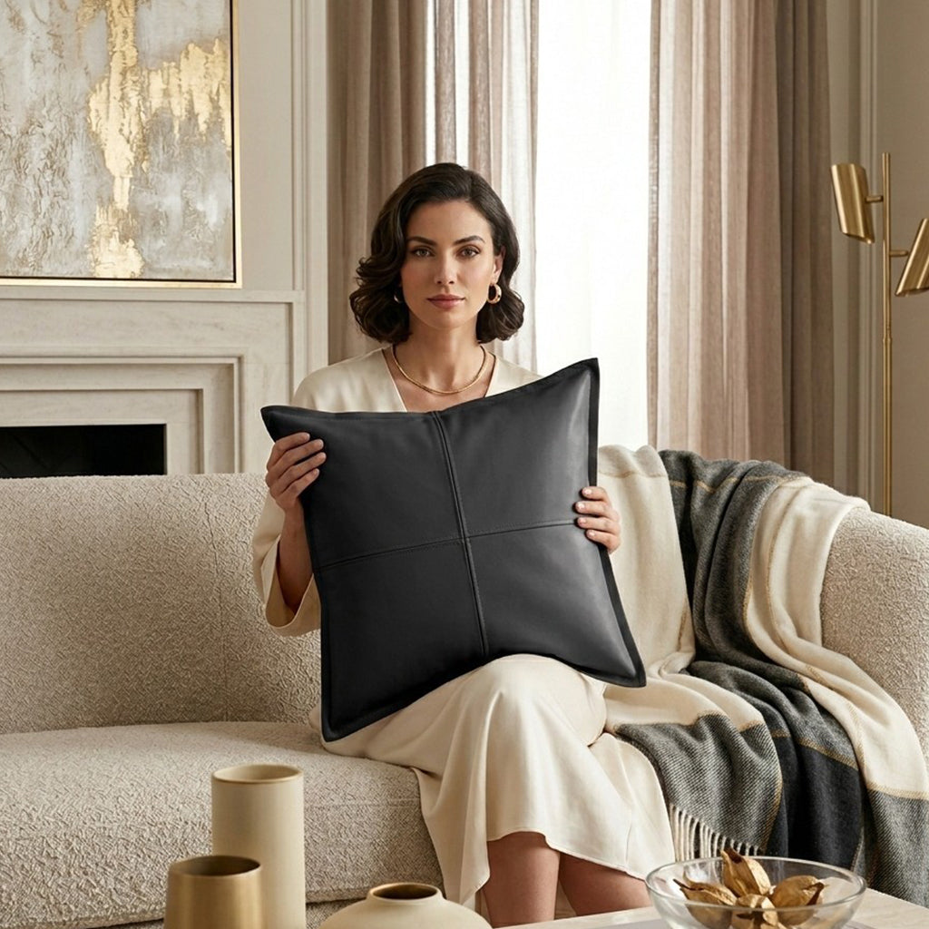 Atlas Black Faux Leather Pillow