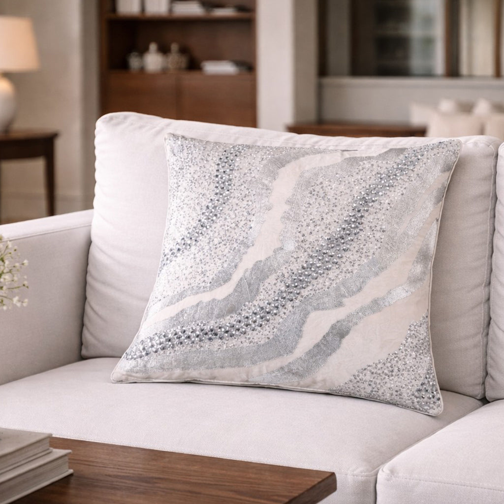 Dawn Ivory Silver Velvet Pillow