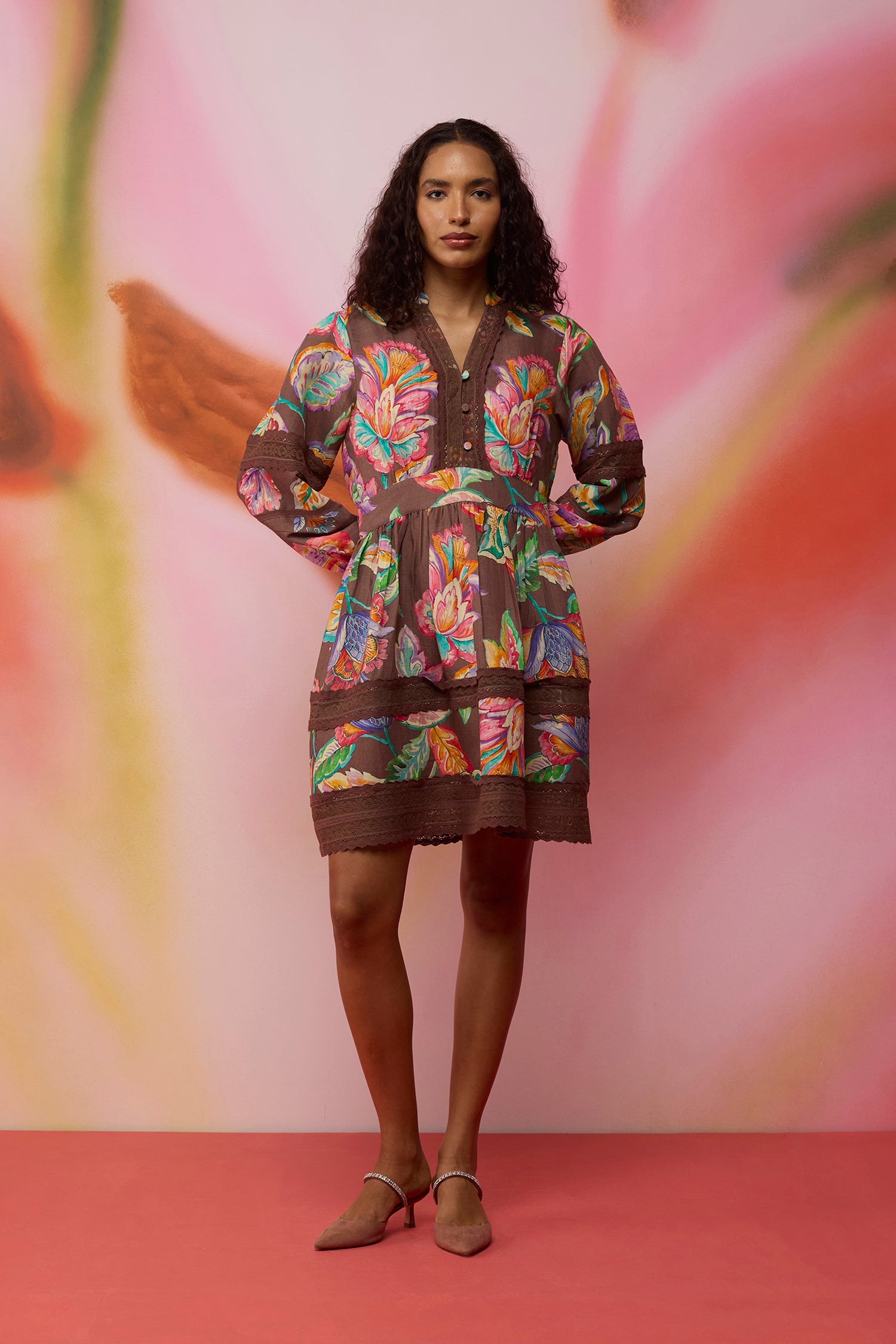 Cocoa Chintz Mini Dress with Lace