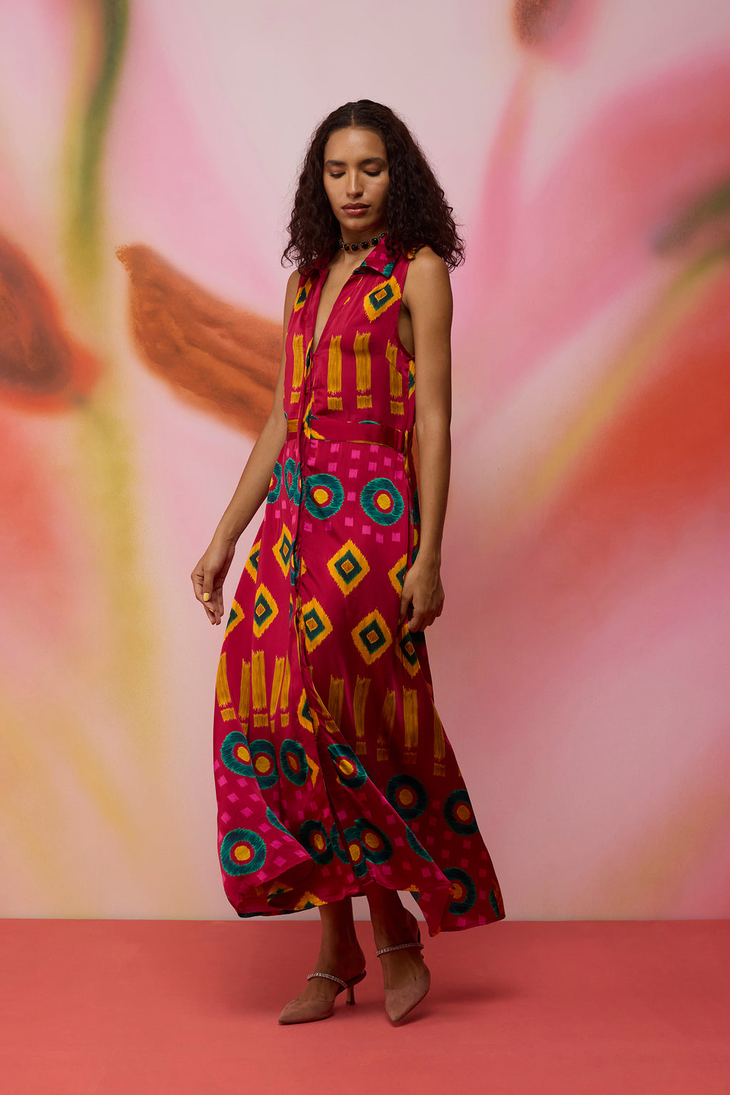 Crimson Circle Sleeveless Ikat Shirt Dress