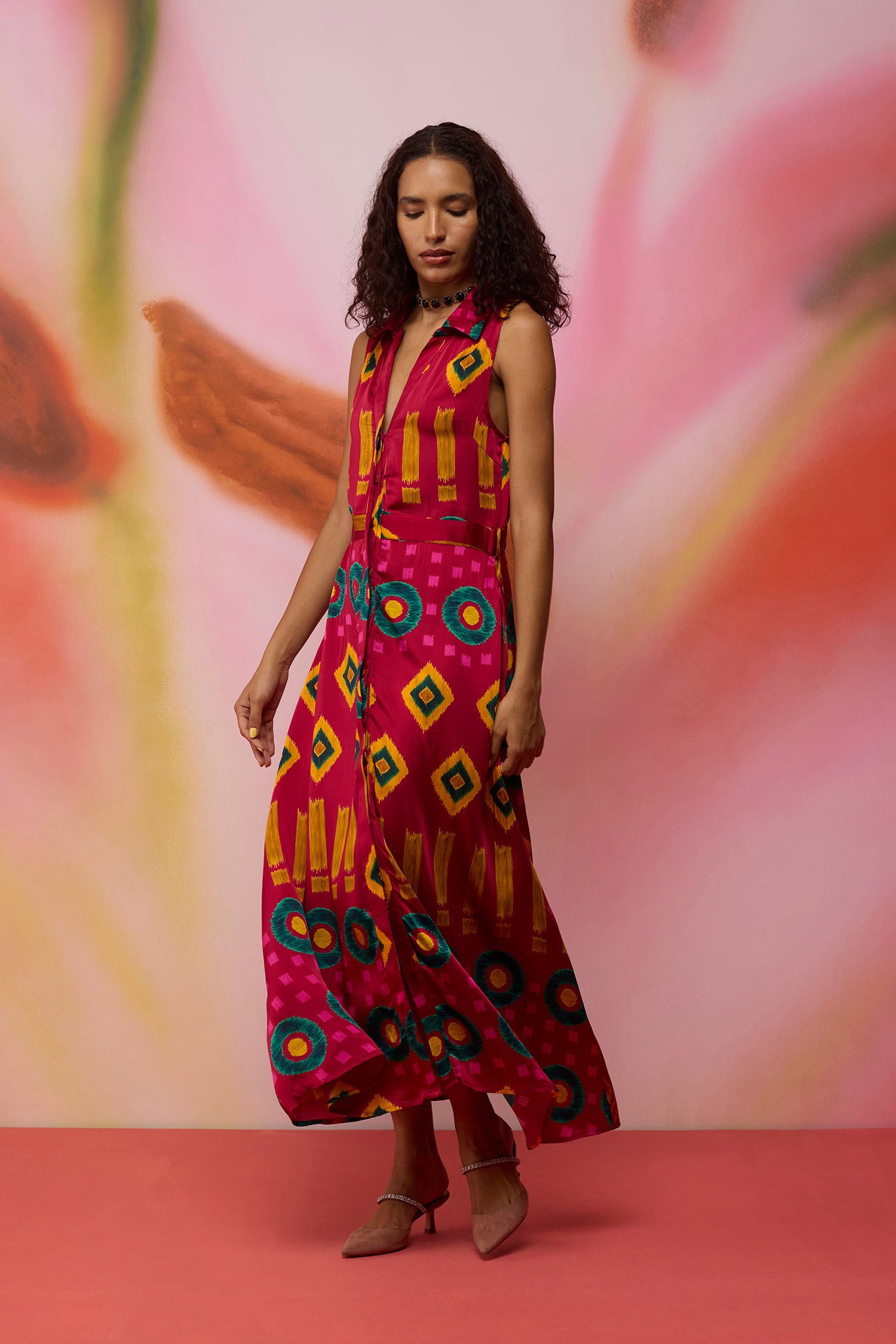 Crimson Circle Sleeveless Ikat Shirt Dress