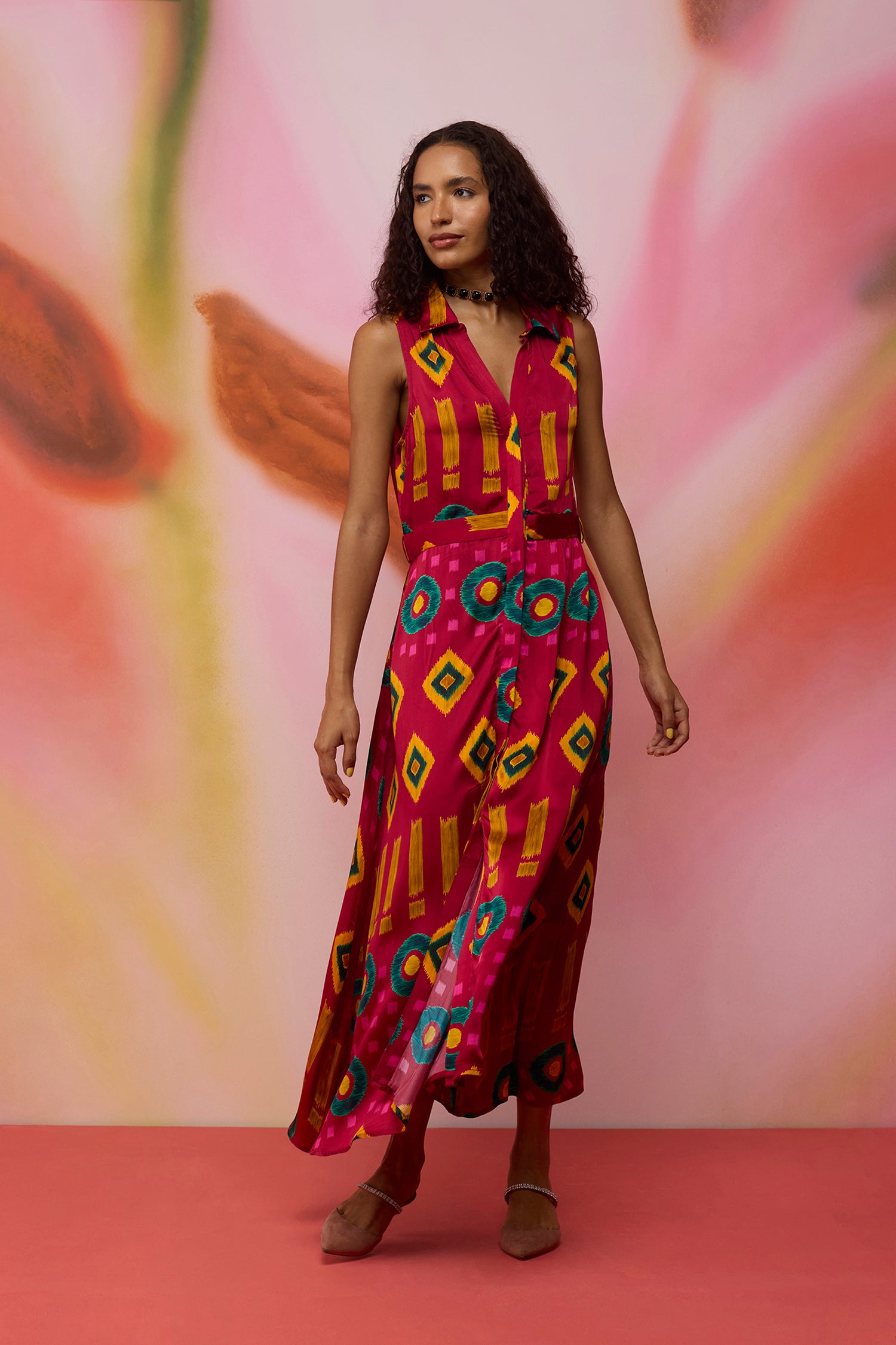 Crimson Circle Sleeveless Ikat Shirt Dress