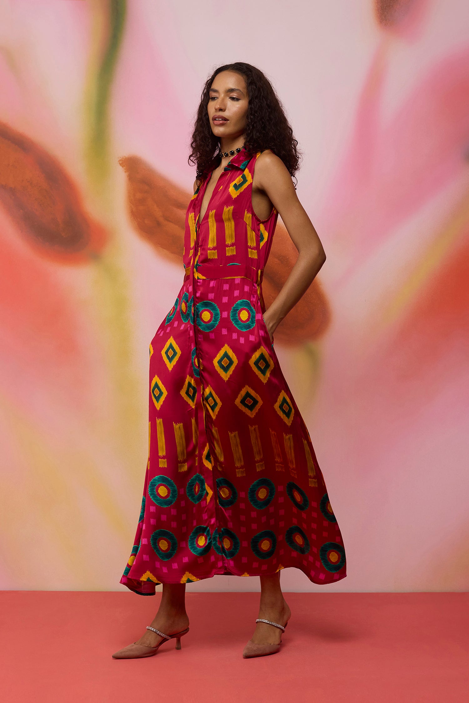 Crimson Circle Sleeveless Ikat Shirt Dress