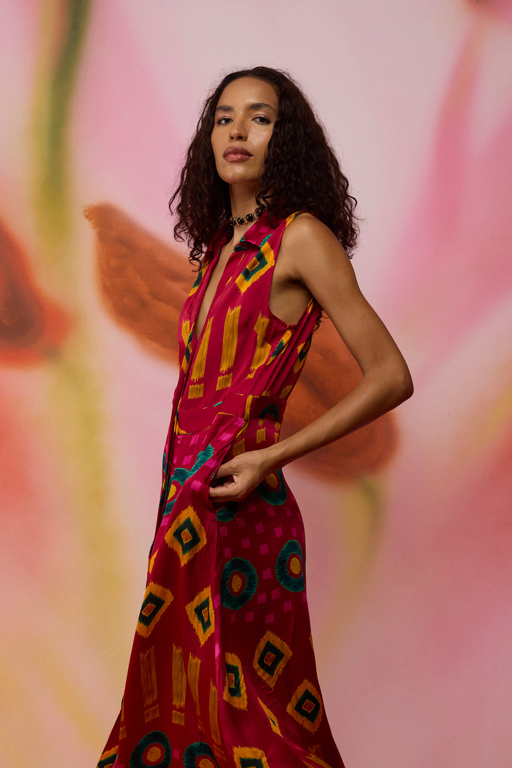 Crimson Circle Sleeveless Ikat Shirt Dress
