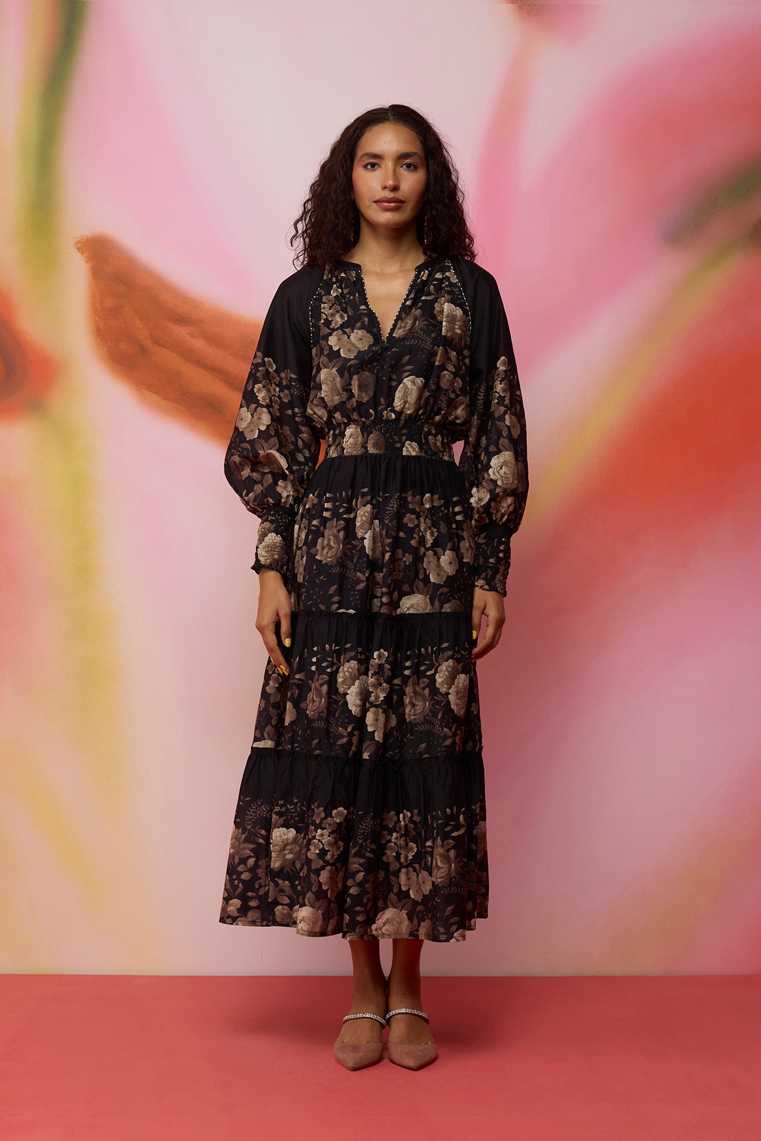 Sepia Blossom Hand-Embroidered Maxi Dress