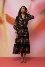 Sepia Blossom Hand-Embroidered Maxi Dress