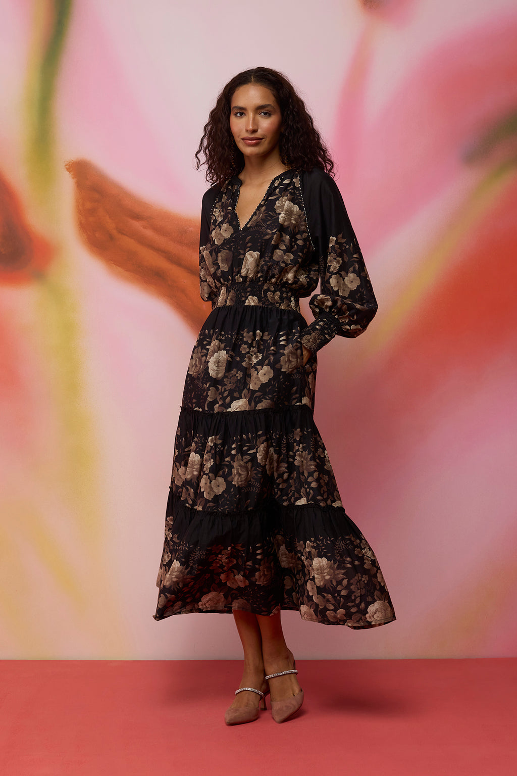 Sepia Blossom Hand-Embroidered Maxi Dress