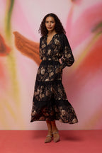 Sepia Blossom Hand-Embroidered Maxi Dress