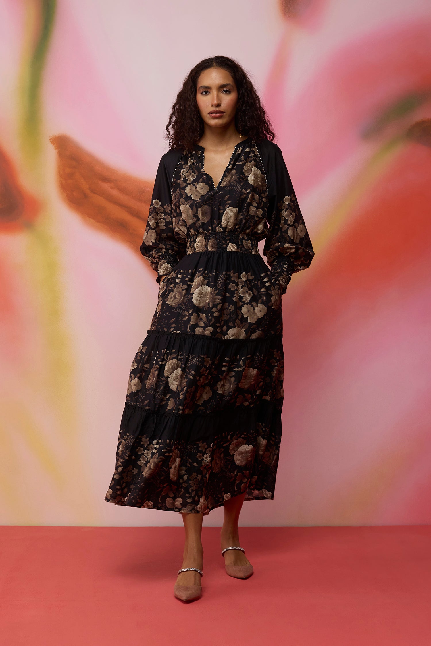 Sepia Blossom Hand-Embroidered Maxi Dress