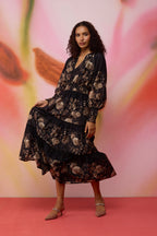 Sepia Blossom Hand-Embroidered Maxi Dress