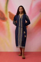 Geometric Ikat Embroidered Midi Dress - Navy