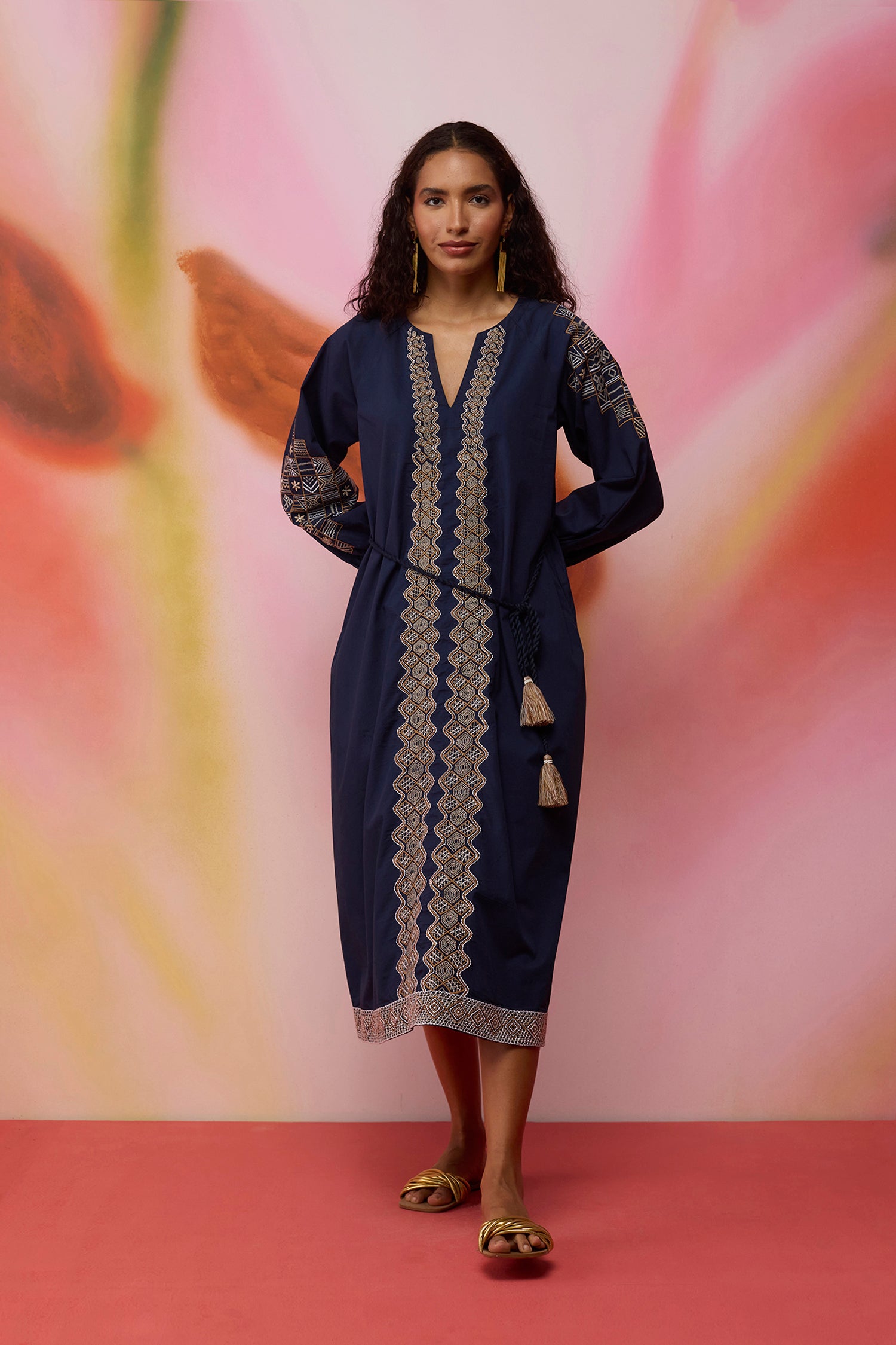 Geometric Ikat Embroidered Midi Dress - Navy