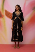 Textured Ikat Embroidered Maxi Dress - Black