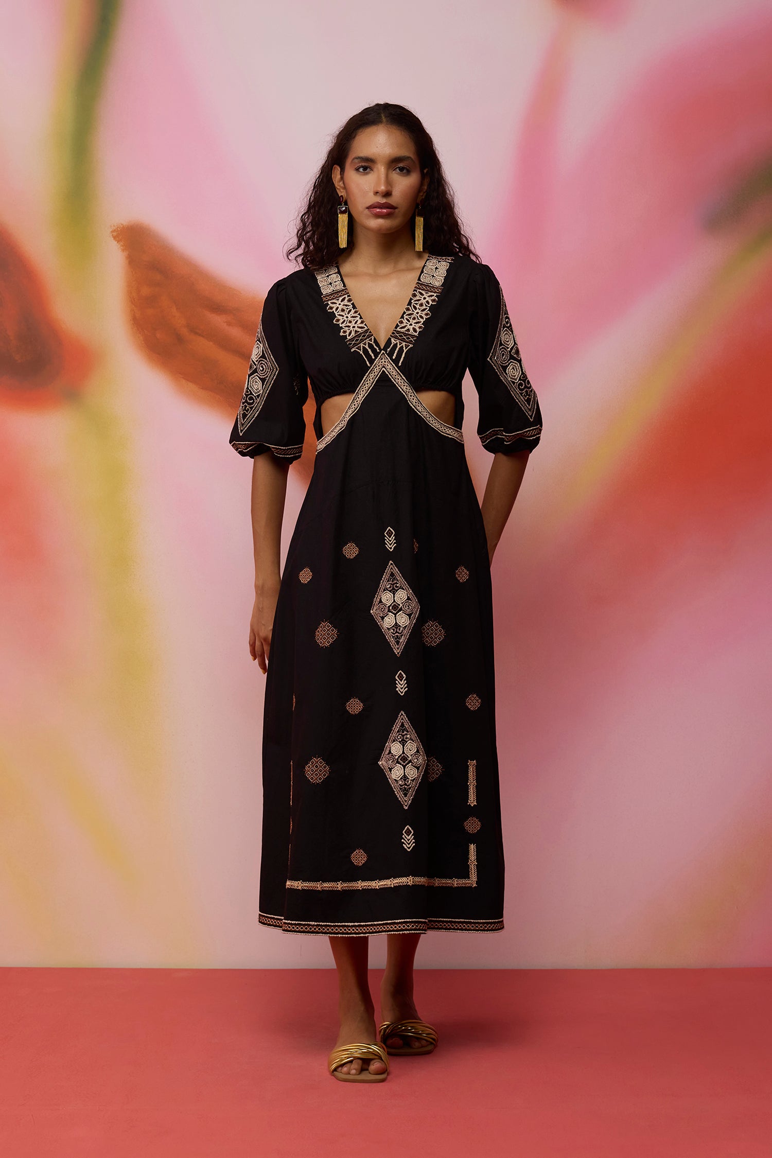 Textured Ikat Embroidered Maxi Dress - Black