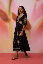 Textured Ikat Embroidered Maxi Dress - Black