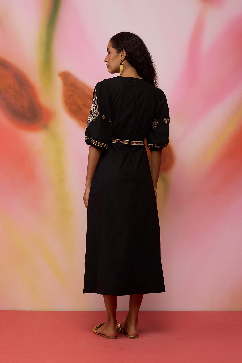 Textured Ikat Embroidered Maxi Dress - Black
