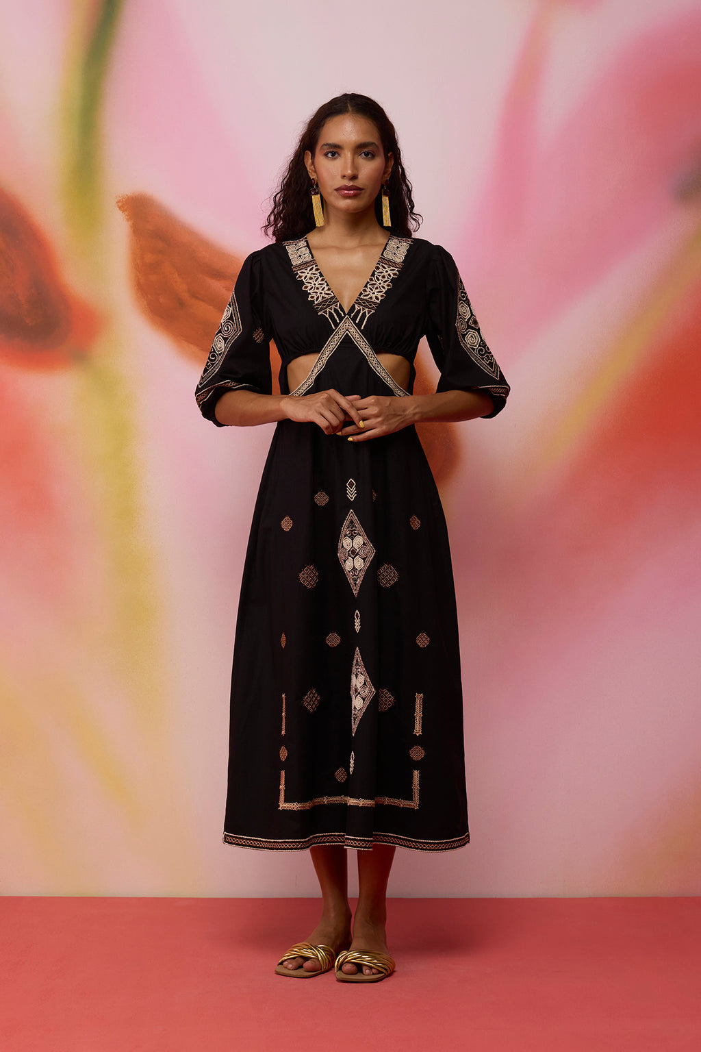Textured Ikat Embroidered Maxi Dress - Black