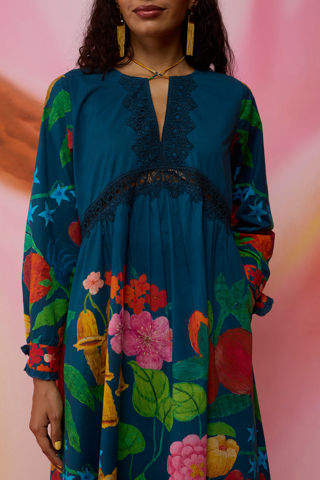Navy Wildflower Midi Dress with Lace