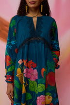 Navy Wildflower Midi Dress with Lace