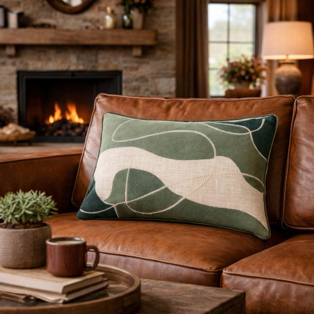 Green Ember Oblong Leather & Suede Pillow