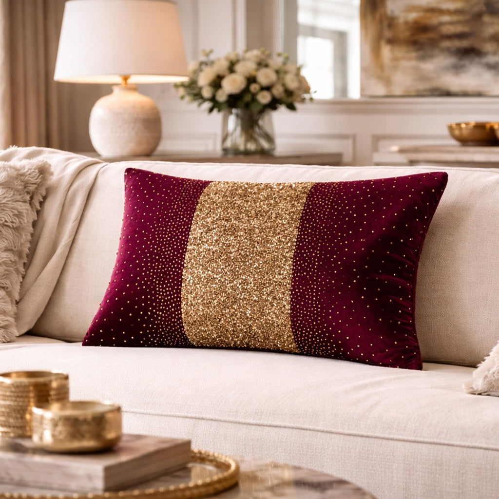 Burgundy Gold Beaded Holiday Pillow