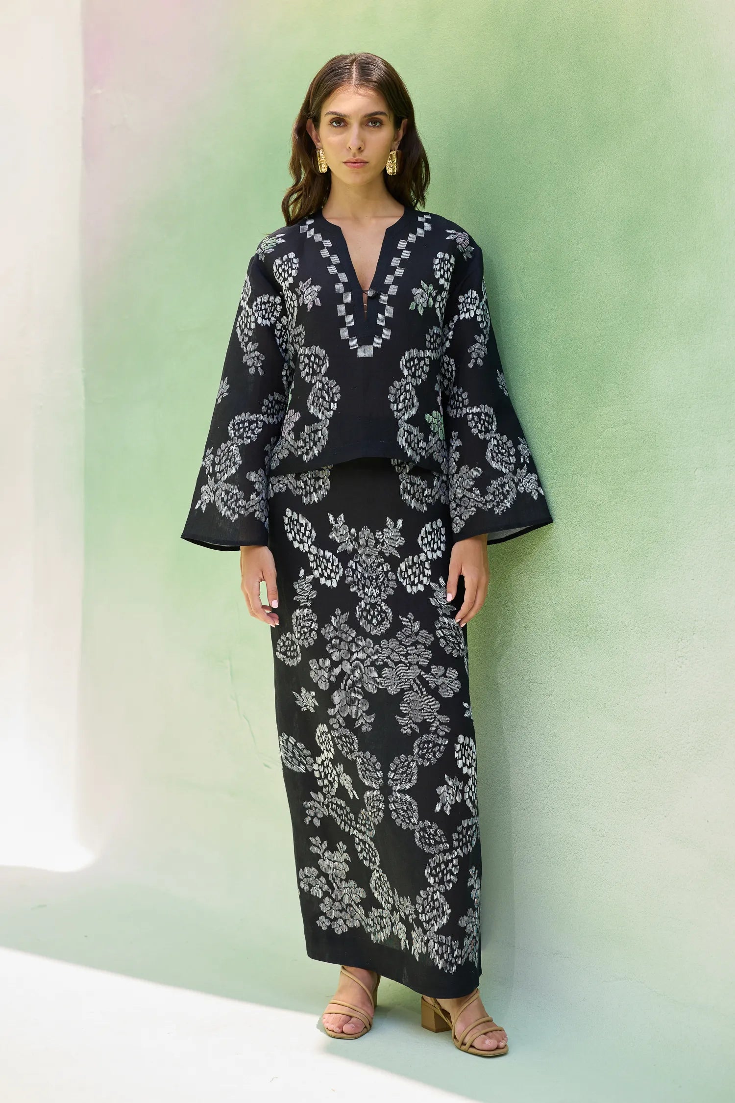 Black Ikat Floral Top and Skirt Set