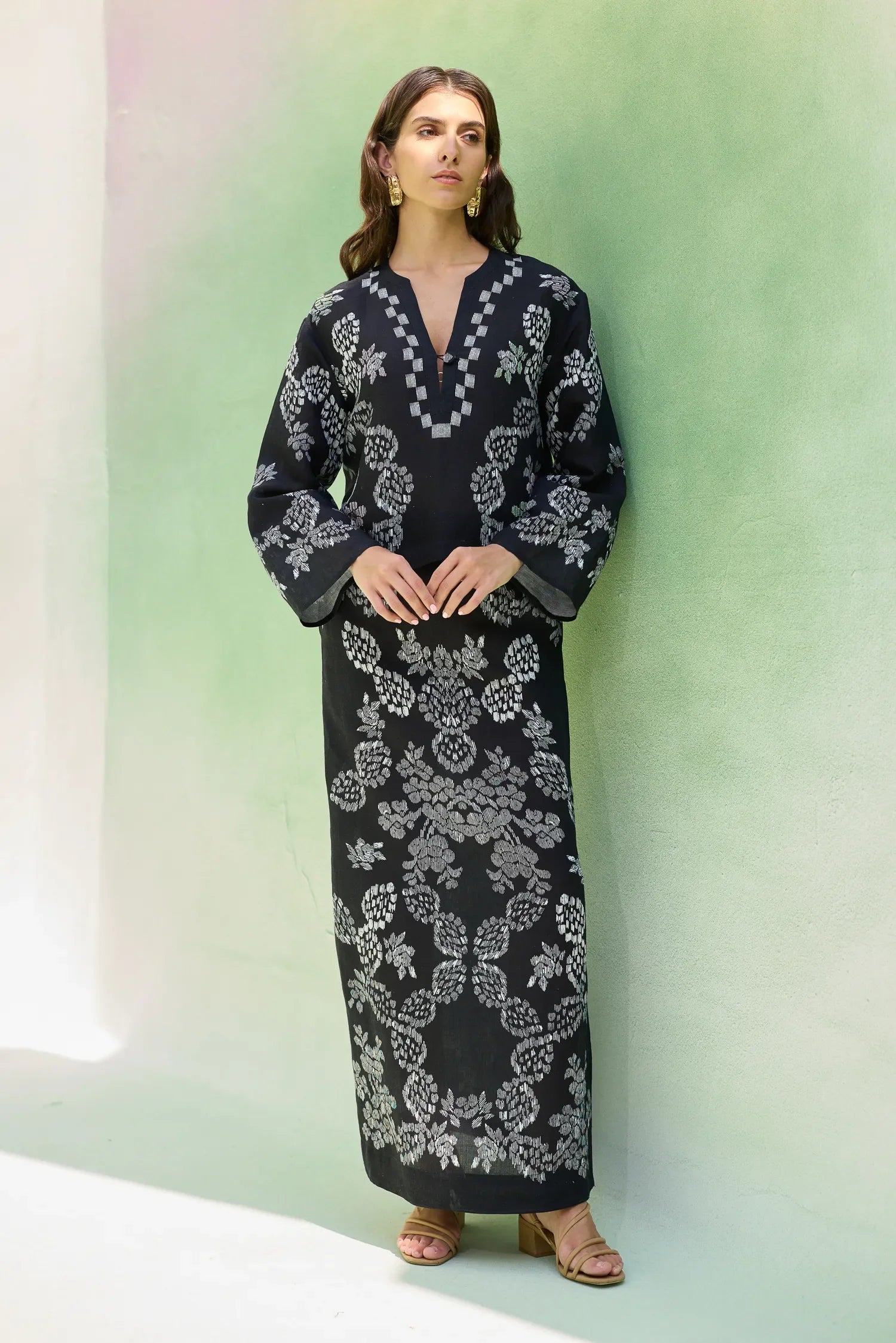 Black Ikat Floral Top and Skirt Set
