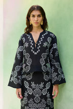 Black Ikat Floral Top and Skirt Set
