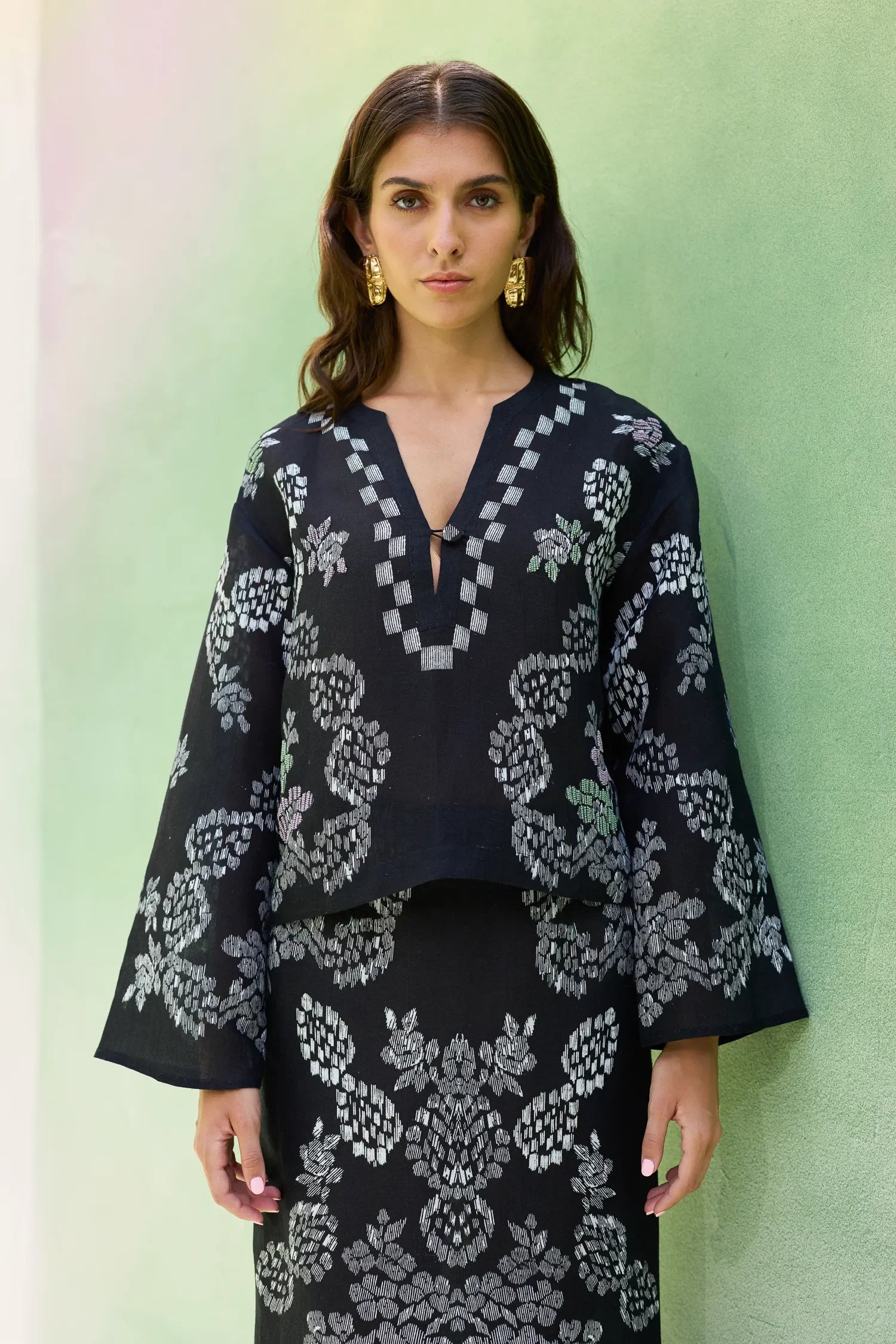 Black Ikat Floral Top and Skirt Set