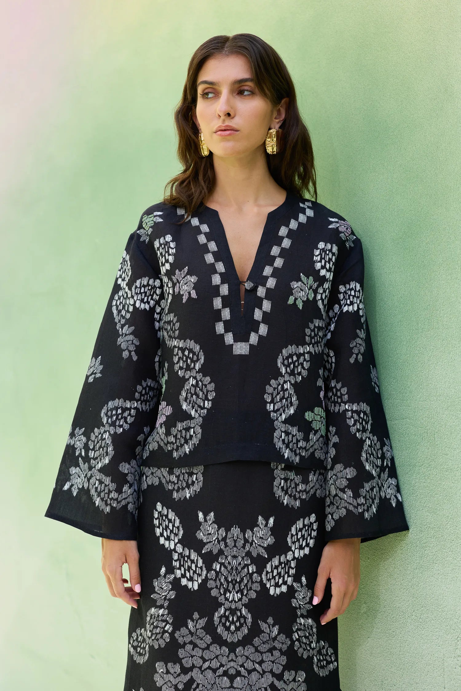 Black Ikat Floral Top and Skirt Set