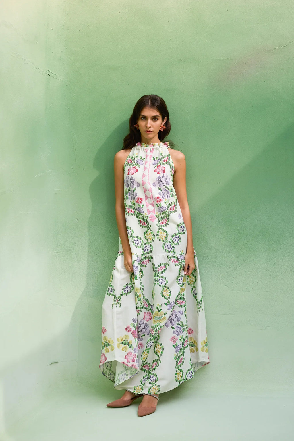 Ivory Floral Ikat Sleeveless Maxi Dress