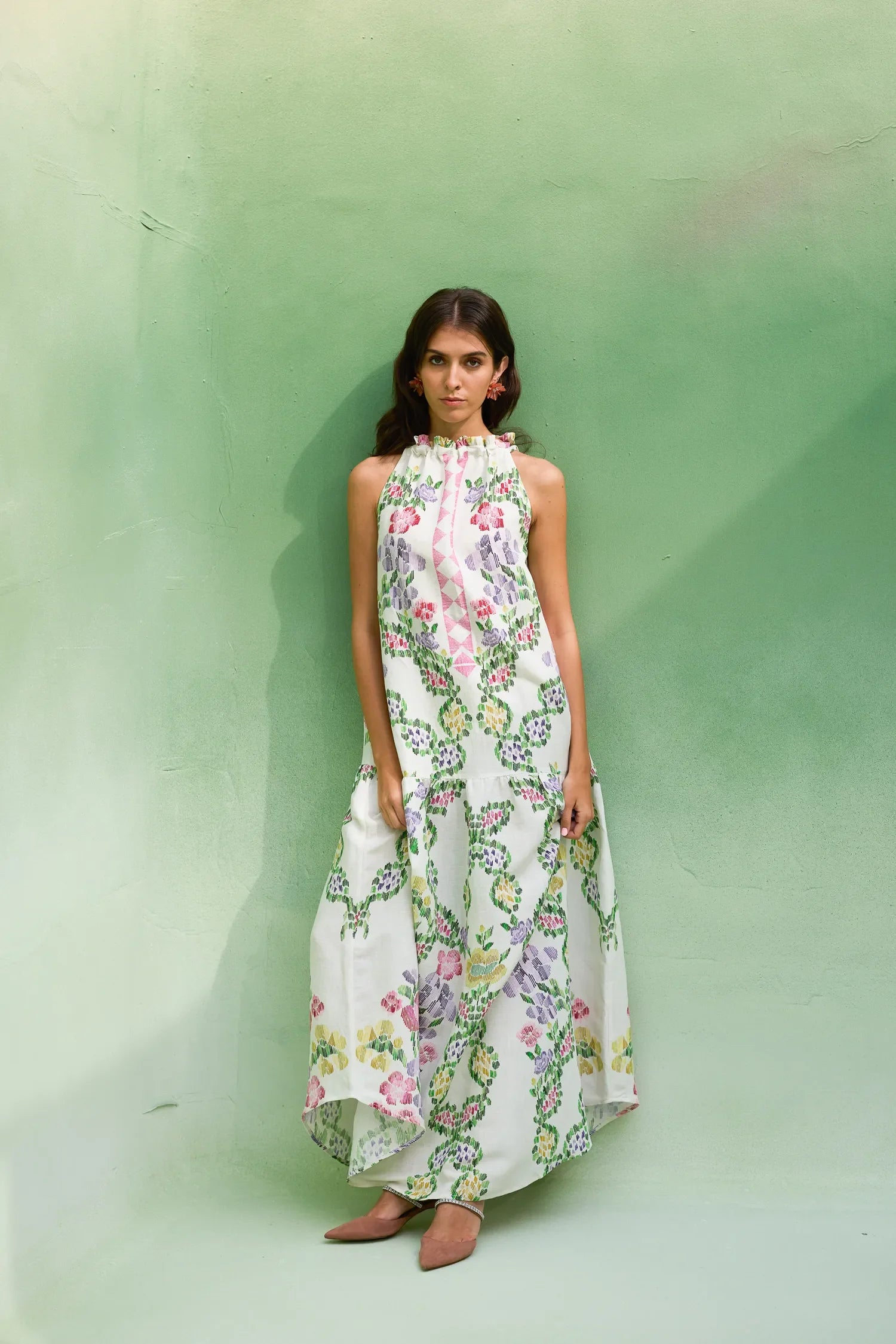 Ivory Floral Ikat Sleeveless Maxi Dress