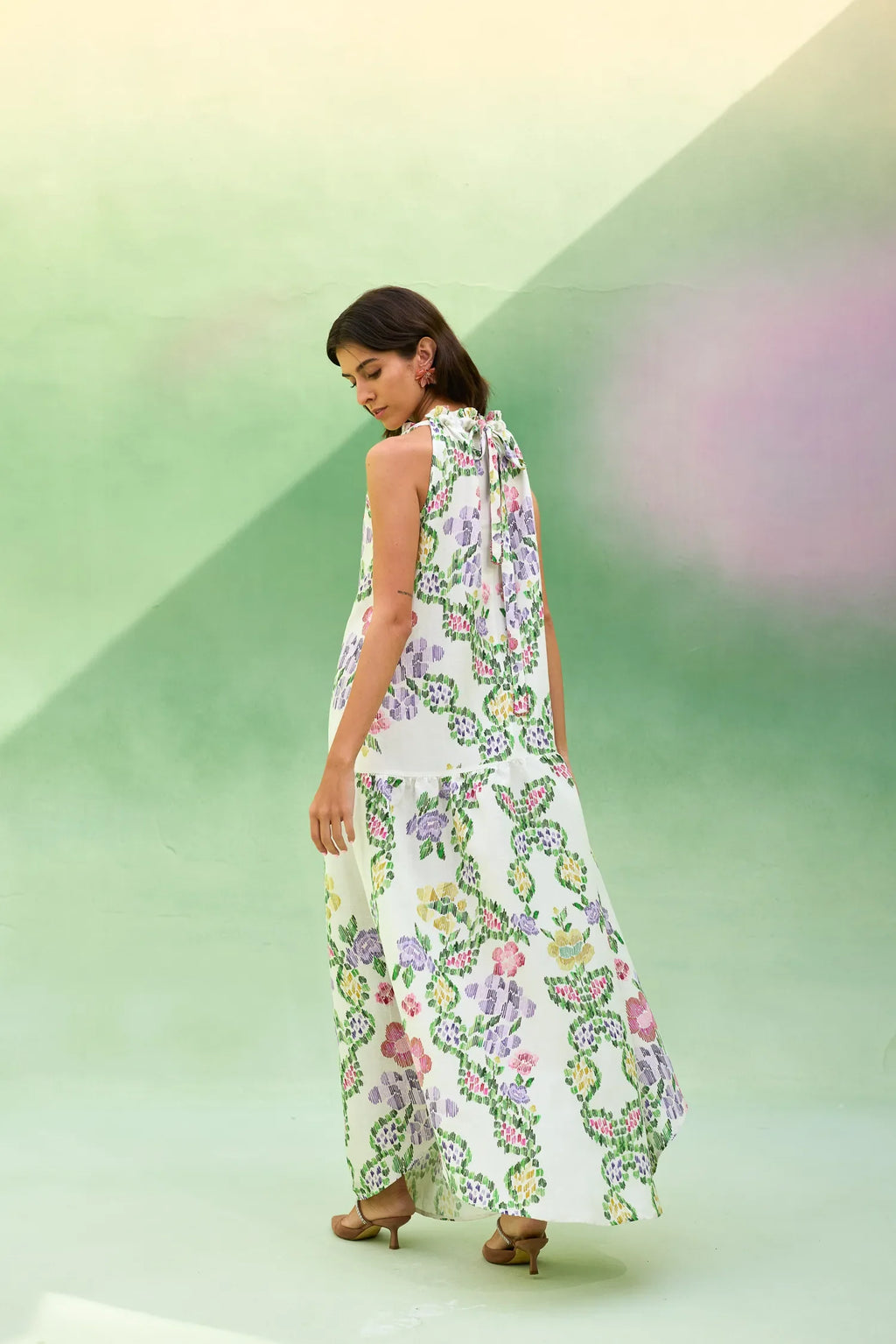 Ivory Floral Ikat Sleeveless Maxi Dress