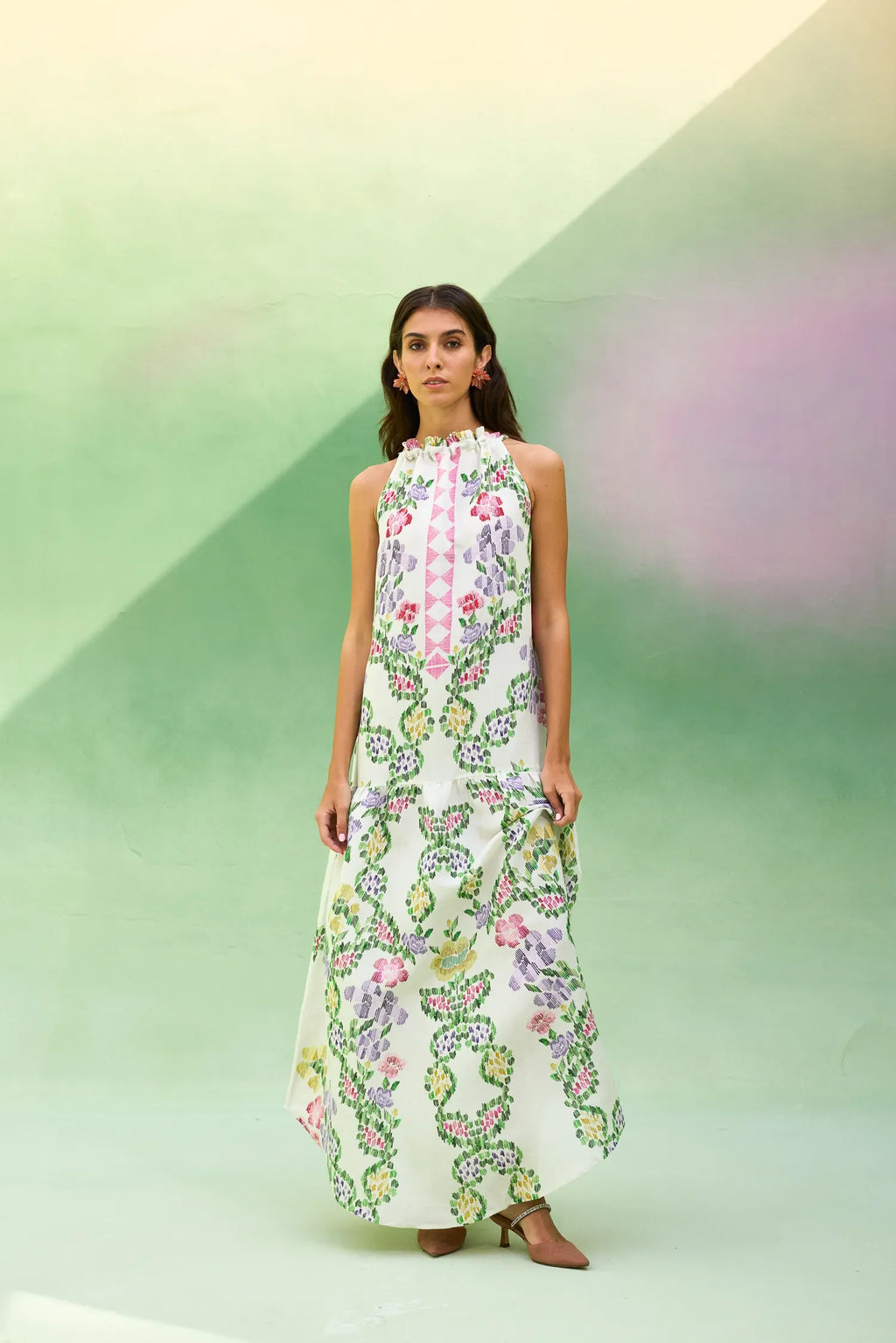 Ivory Floral Ikat Sleeveless Maxi Dress
