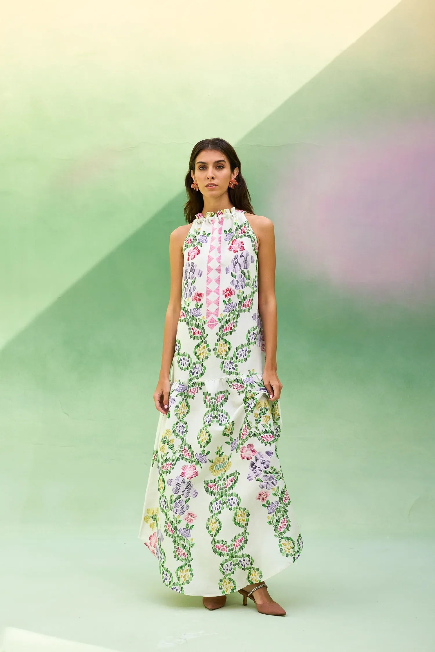 Ivory Floral Ikat Sleeveless Maxi Dress