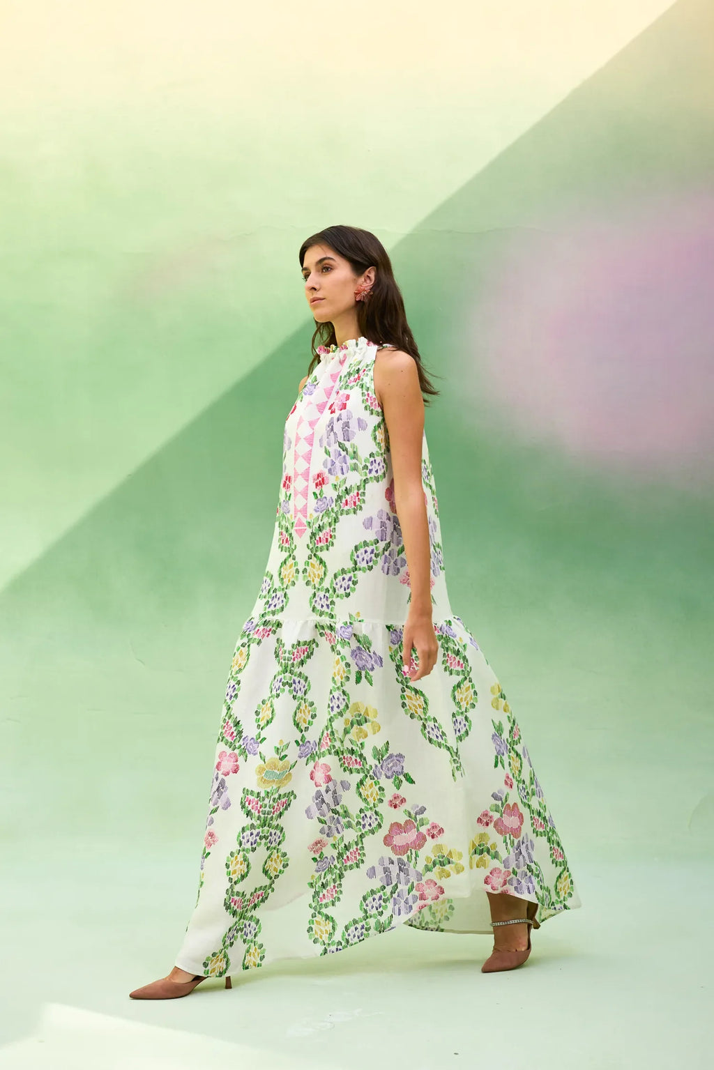 Ivory Floral Ikat Sleeveless Maxi Dress