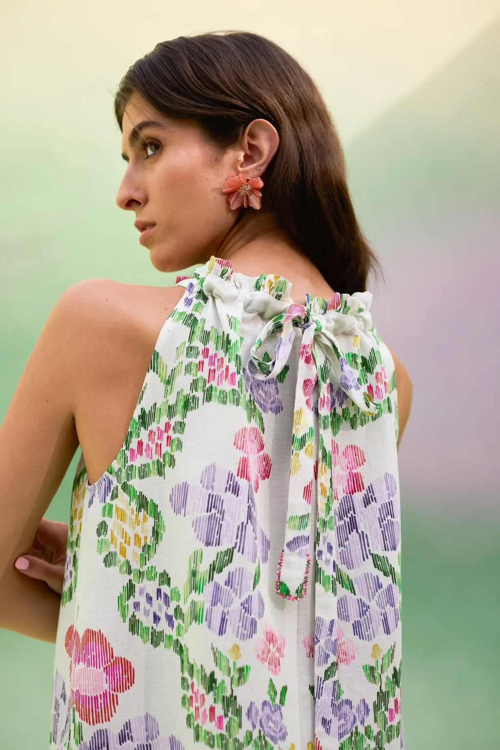 Ivory Floral Ikat Sleeveless Maxi Dress