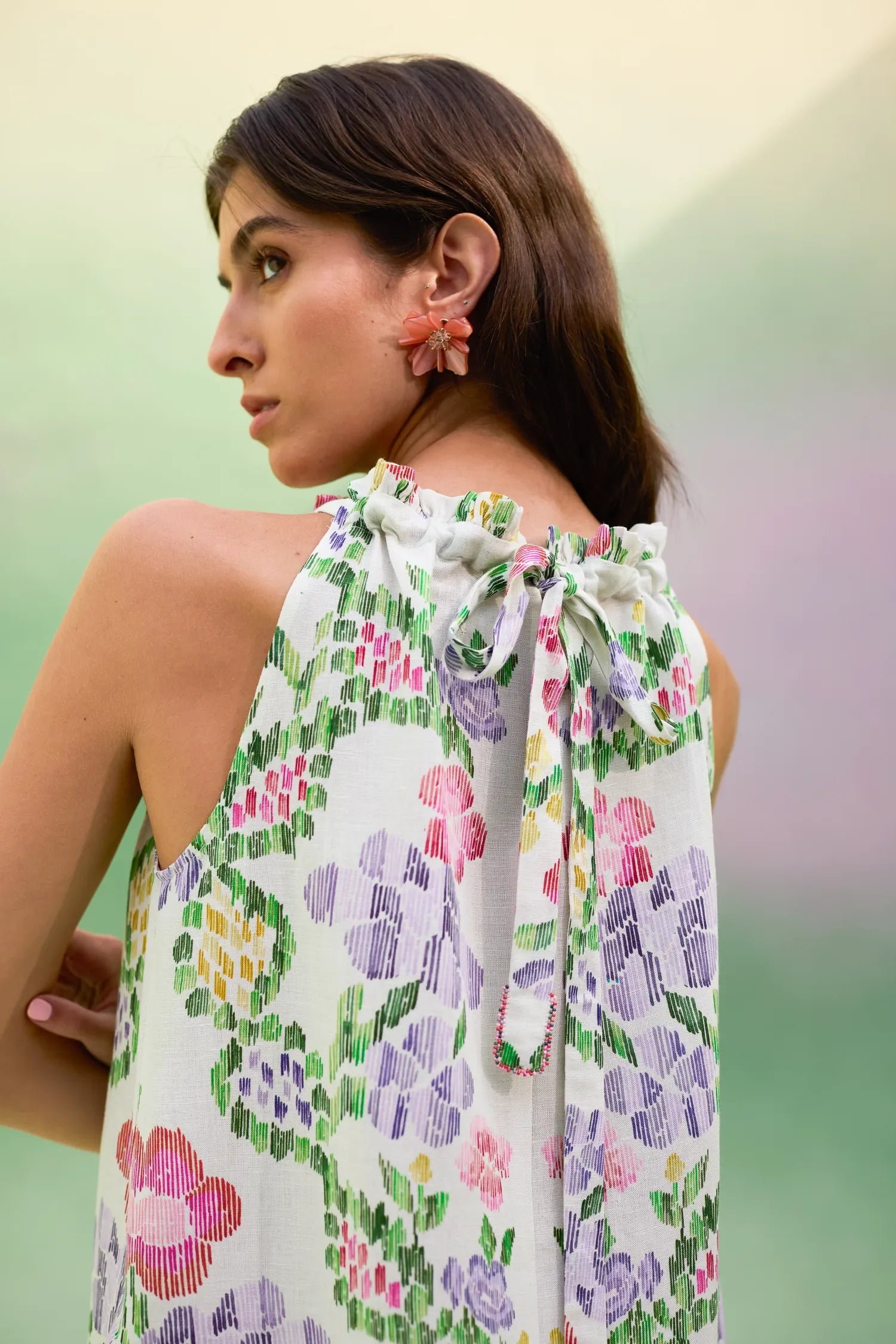 Ivory Floral Ikat Sleeveless Maxi Dress