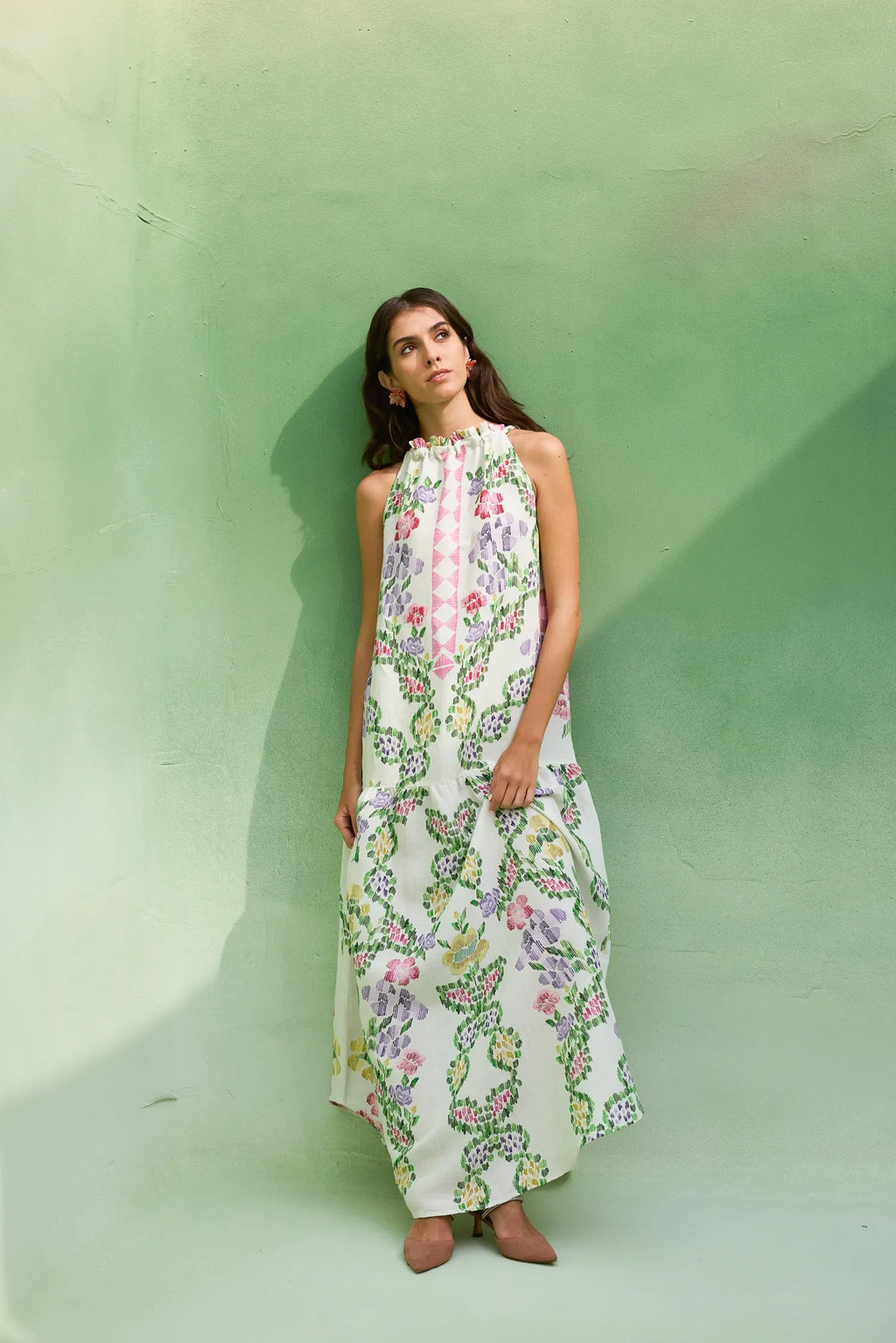 Ivory Floral Ikat Sleeveless Maxi Dress