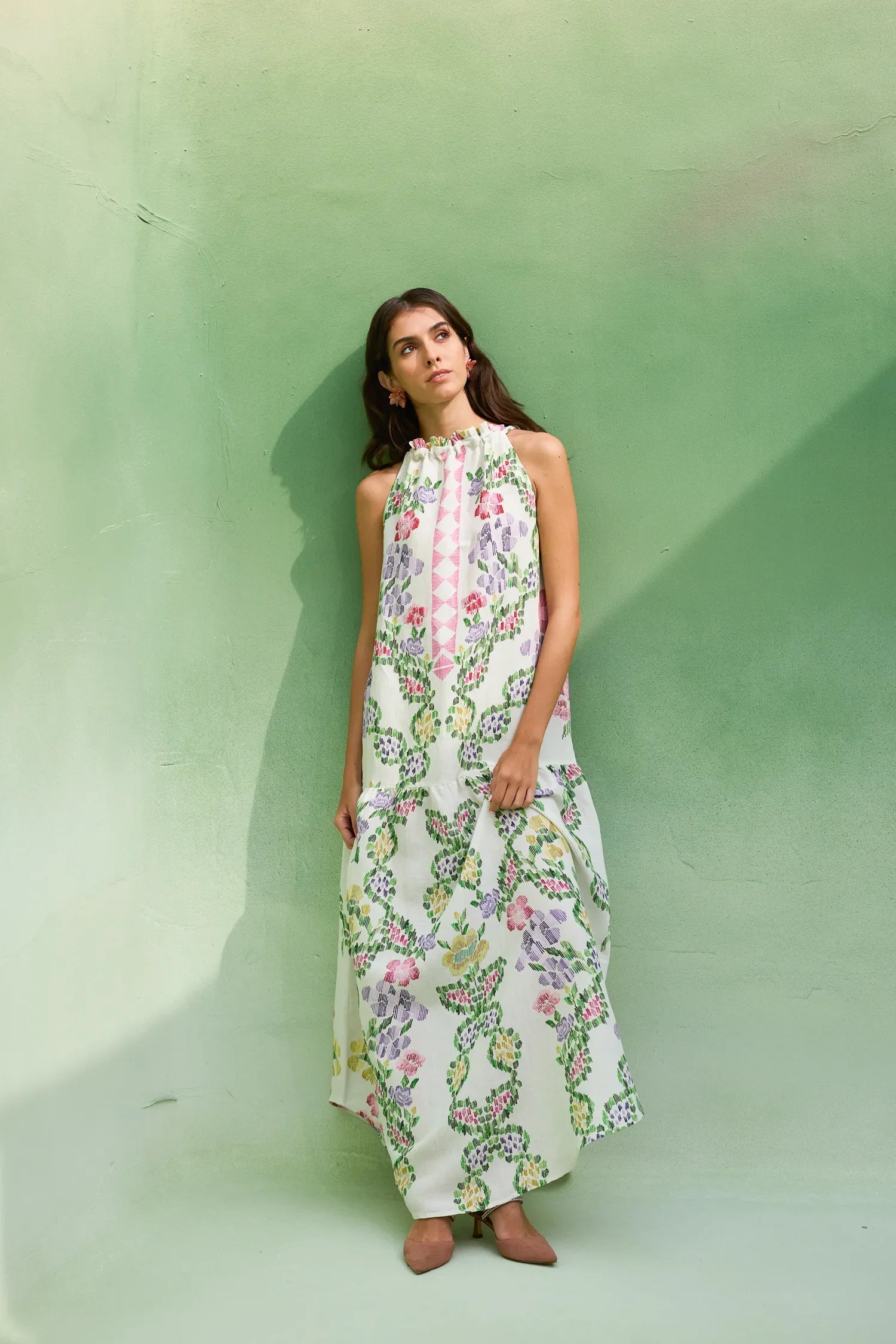 Ivory Floral Ikat Sleeveless Maxi Dress