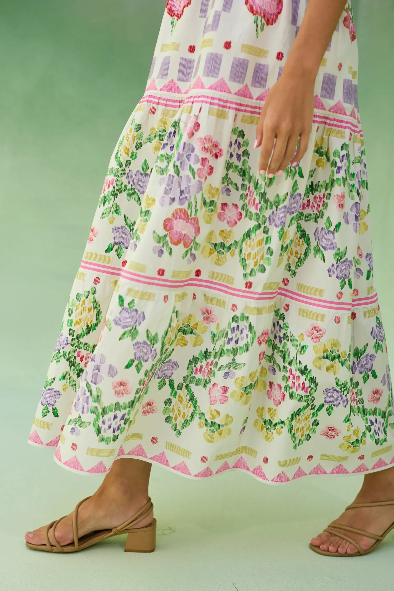 Ivory Floral Ikat Tiered Maxi Dress