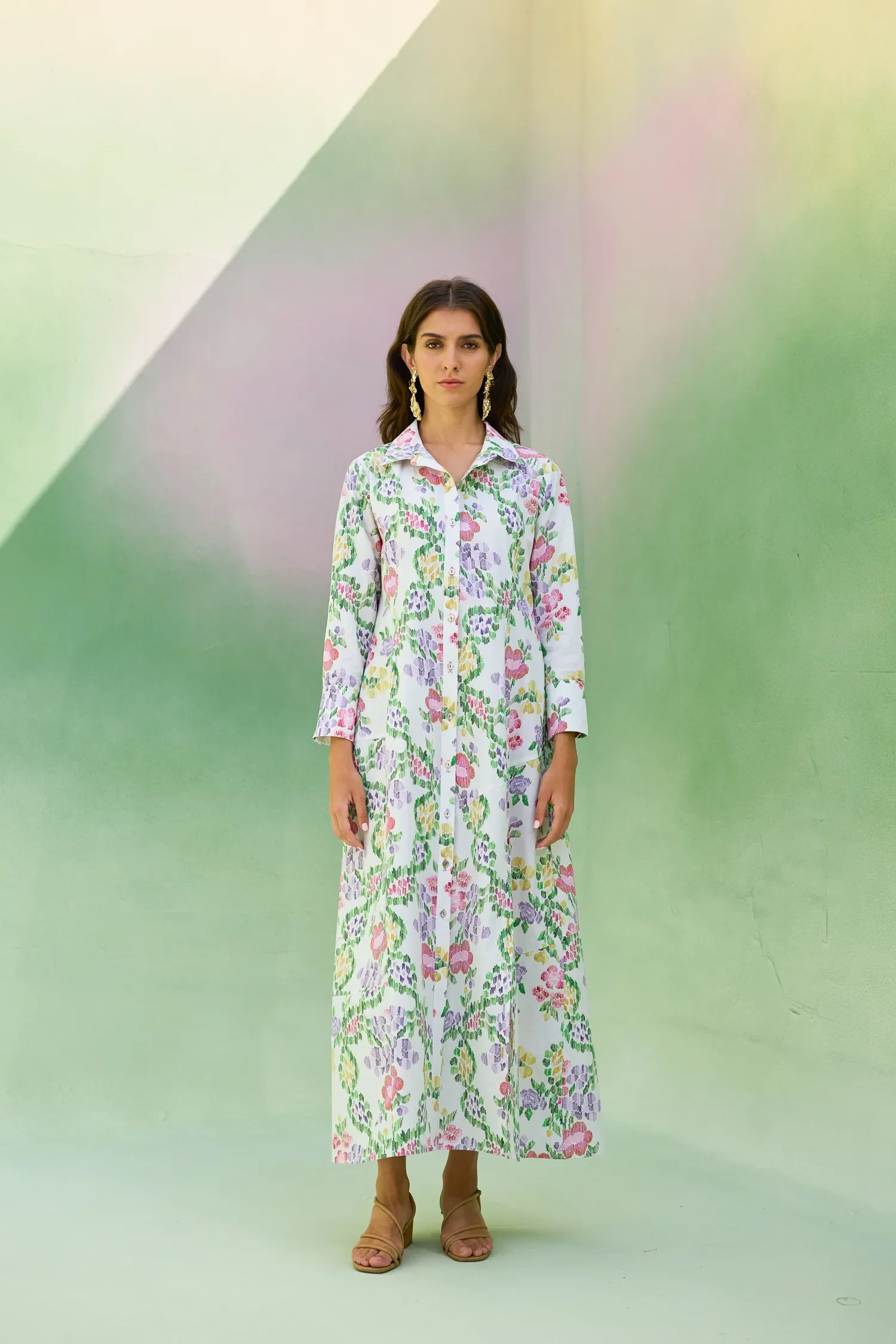 Ivory Floral Ikat Collared Shirt Dress