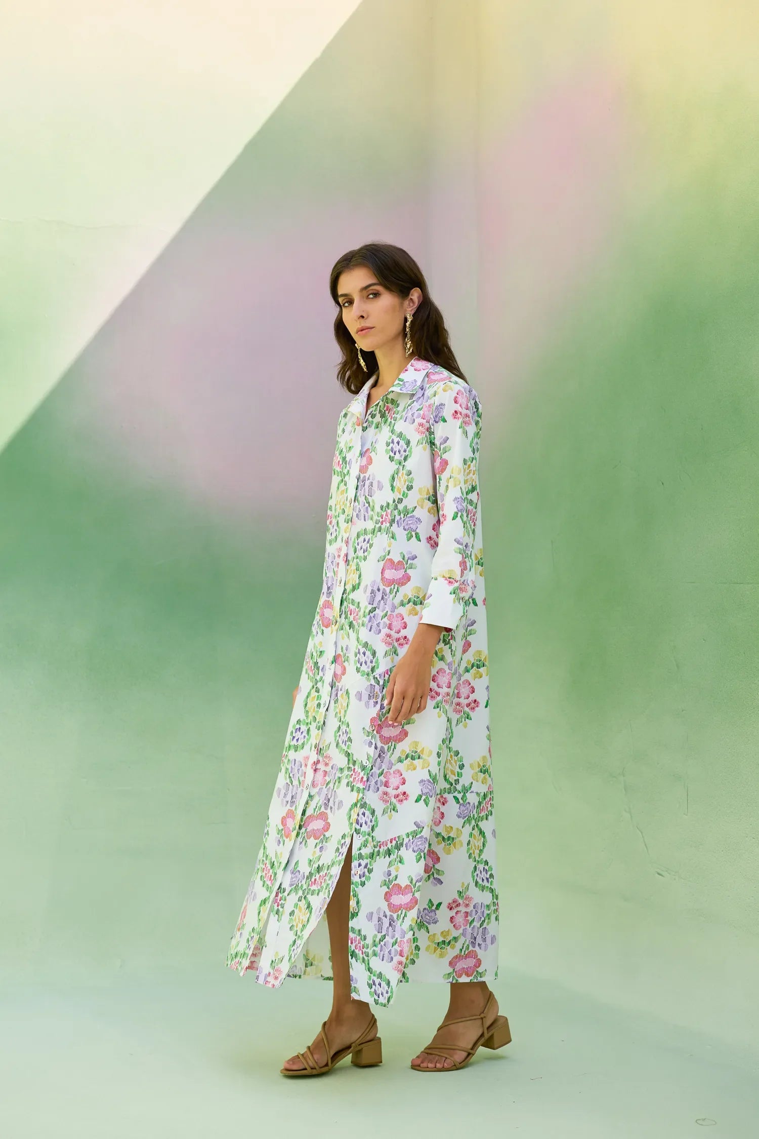 Ivory Floral Ikat Collared Shirt Dress