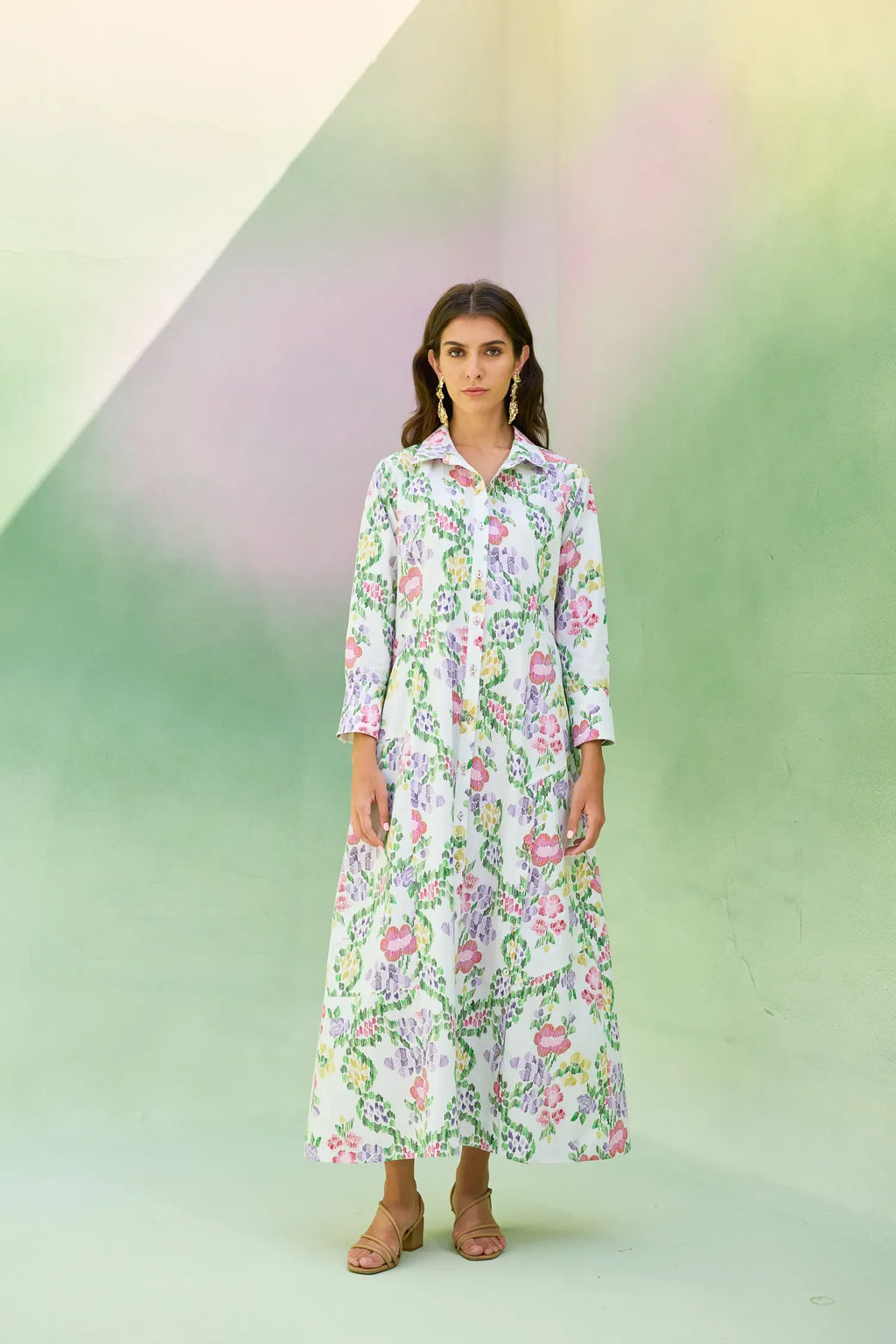 Ivory Floral Ikat Collared Shirt Dress